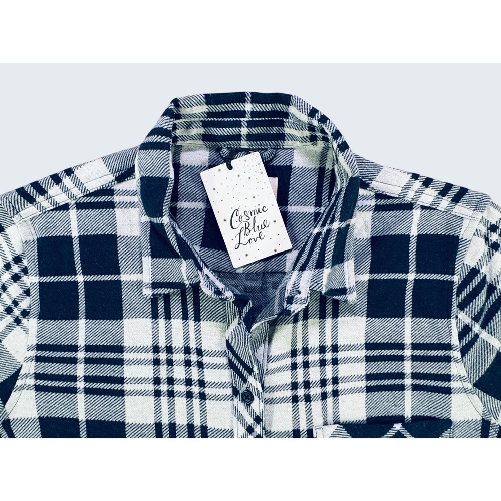 Cosmic Blue Love Cozy Navy Cream Plaid Knit Button Down Shirt Large